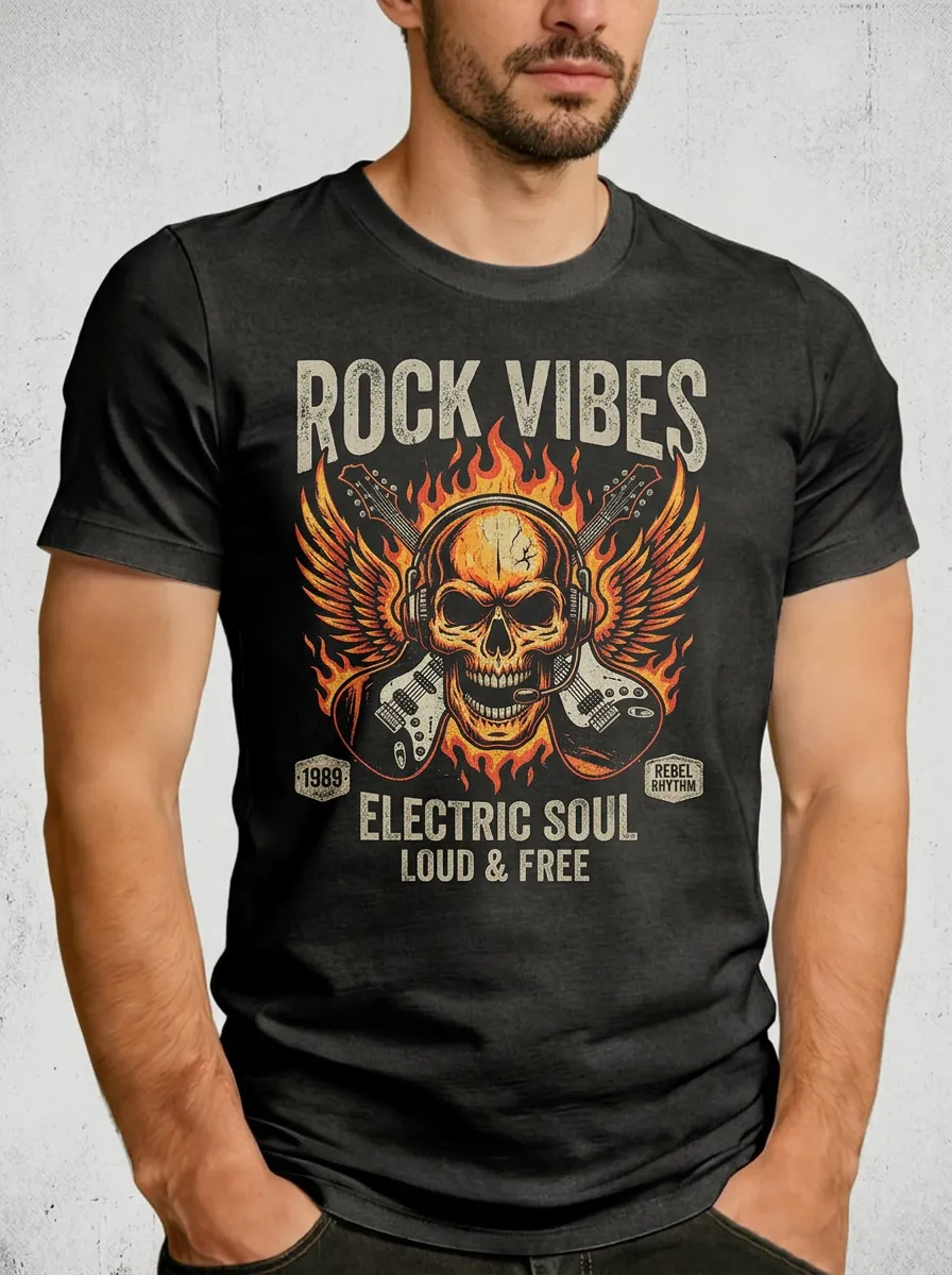 Men's Rock Music Lover Flaming Skull Guitar Printed T-shirt