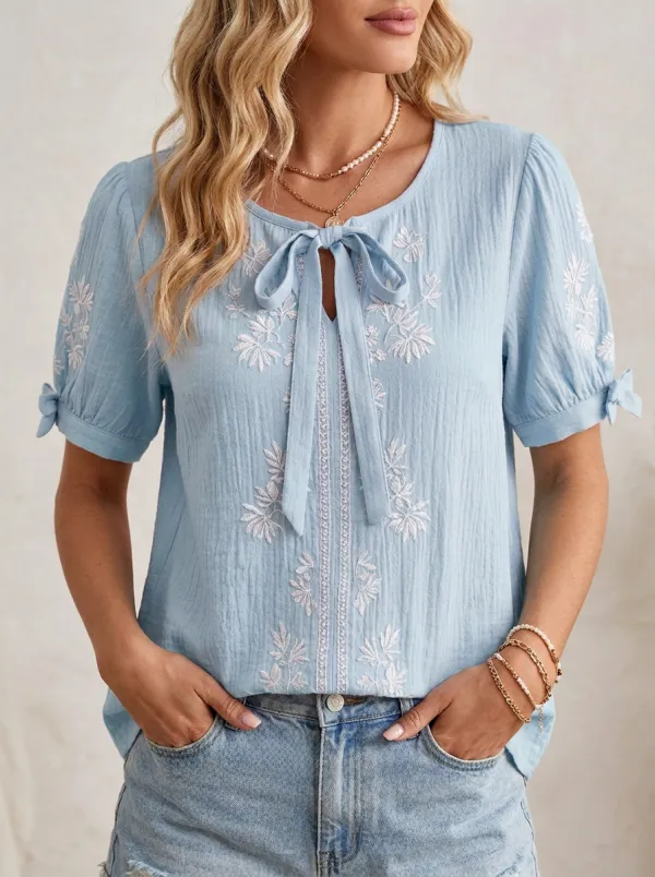 Women's Pink Bowknot Floral Embroidered Printed Top