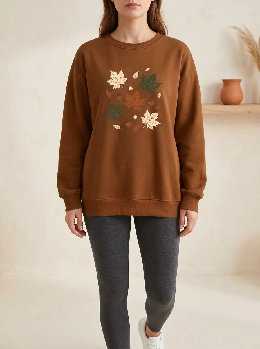 Cozy Maple-Leaf Printed Acorn Graphic Sweatshirt