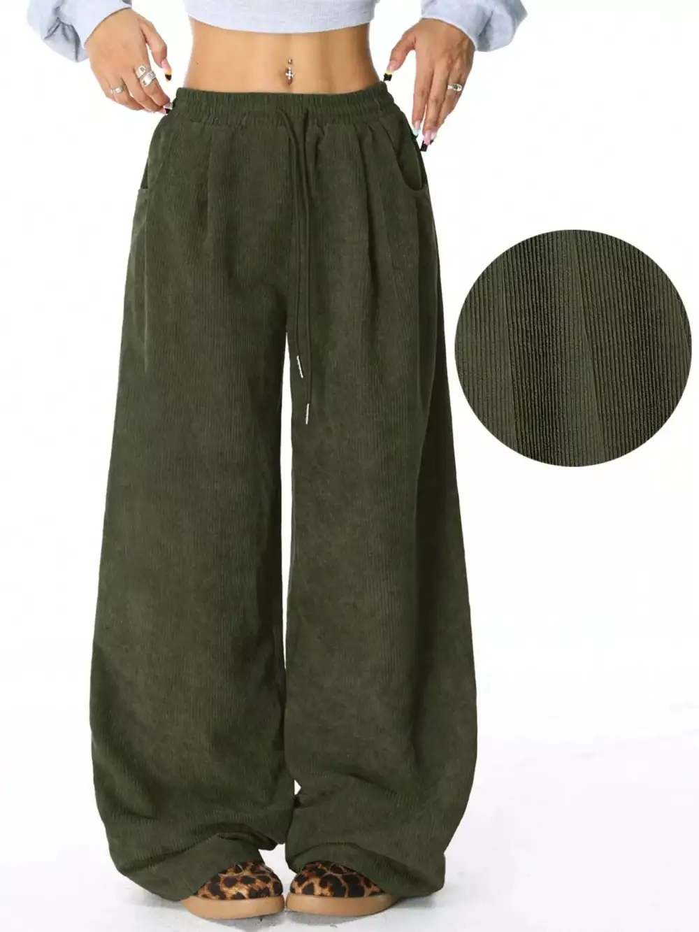 Corduroy Drawstring Relaxed Fit Pocketed Casual Pants