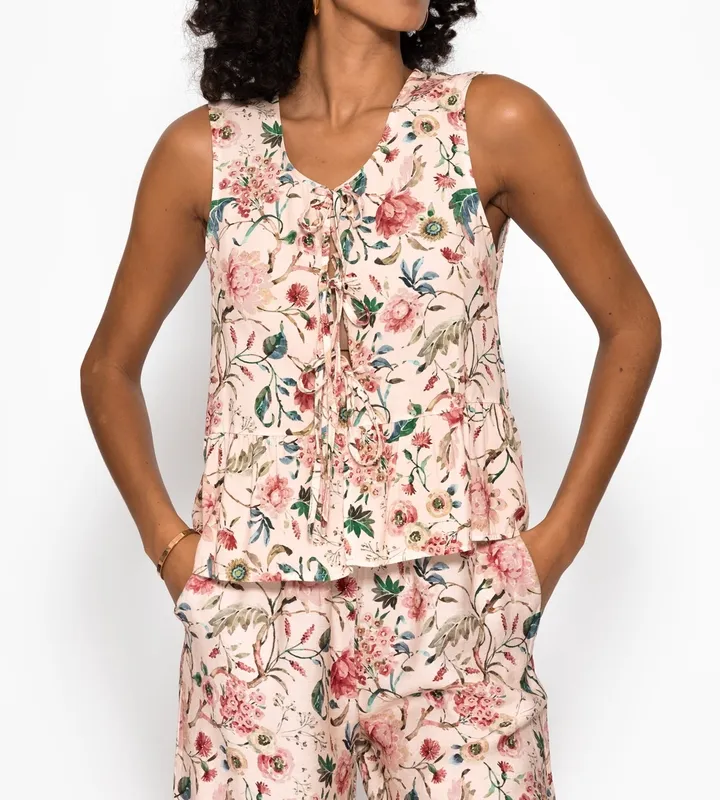Cream Beige Floral Print Tie Top