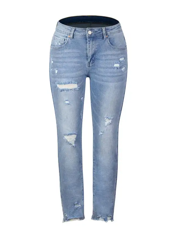 Washed Frayed Tassel Slim High Elastic Denim Jeans