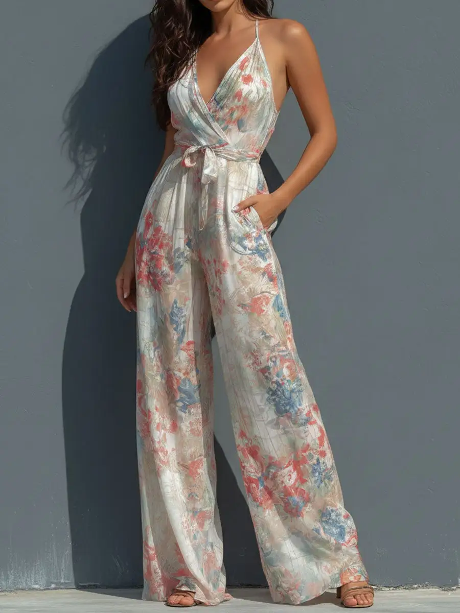 Boho Resort Floral Satin Halter Wrap Front Wide-Leg Jumpsuit