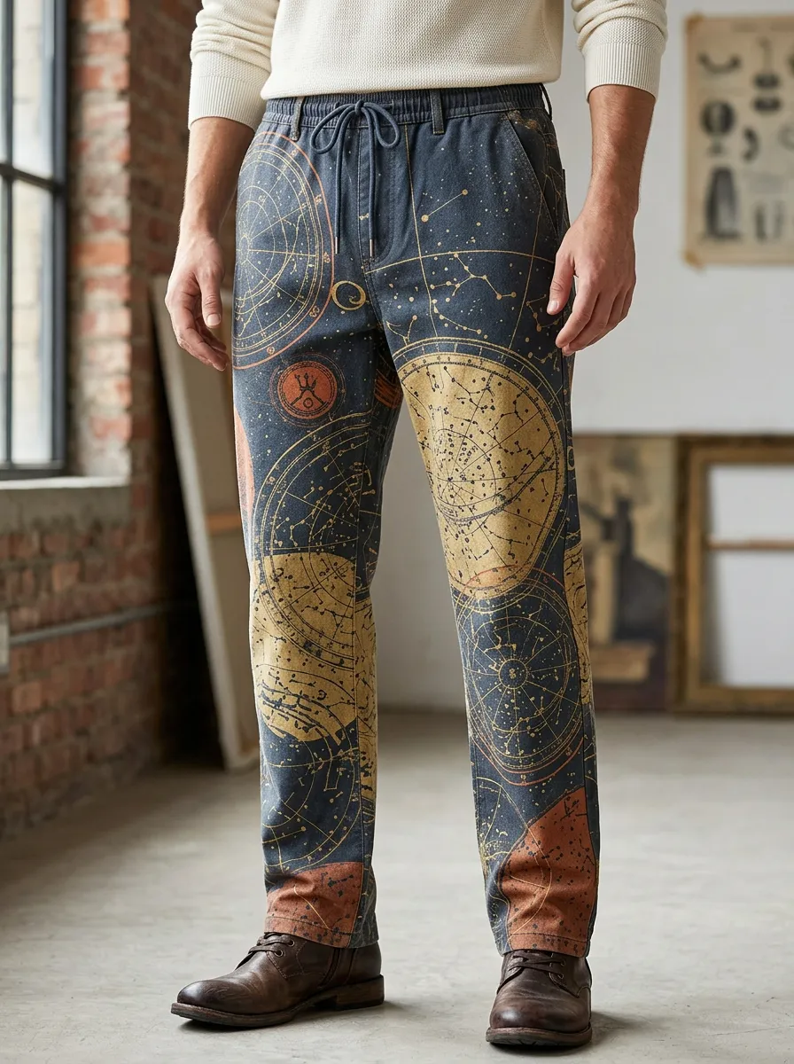 Men's Elastic-Waist Celestial Print Drawstring Trousers