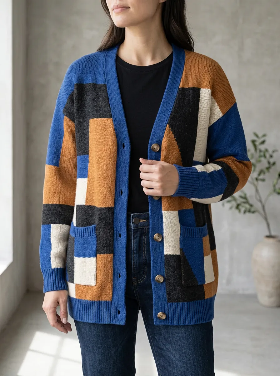 Women's Geometric Colorblock Pattern Knitted Patch Pocket Relaxed Everyday Cardigan