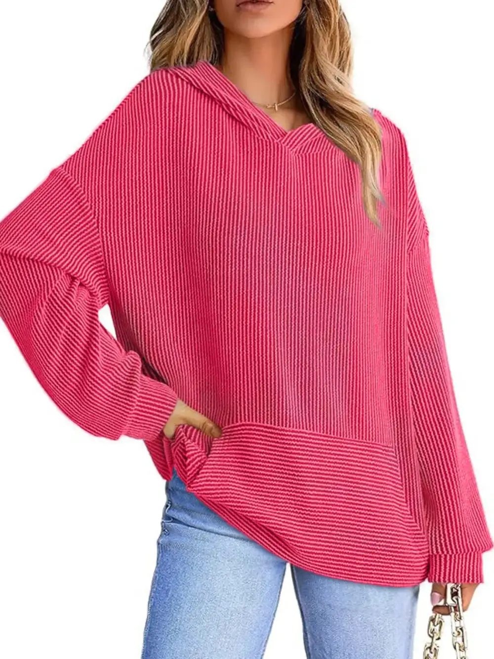 Pocketed Oversized Ribbed Hoodie