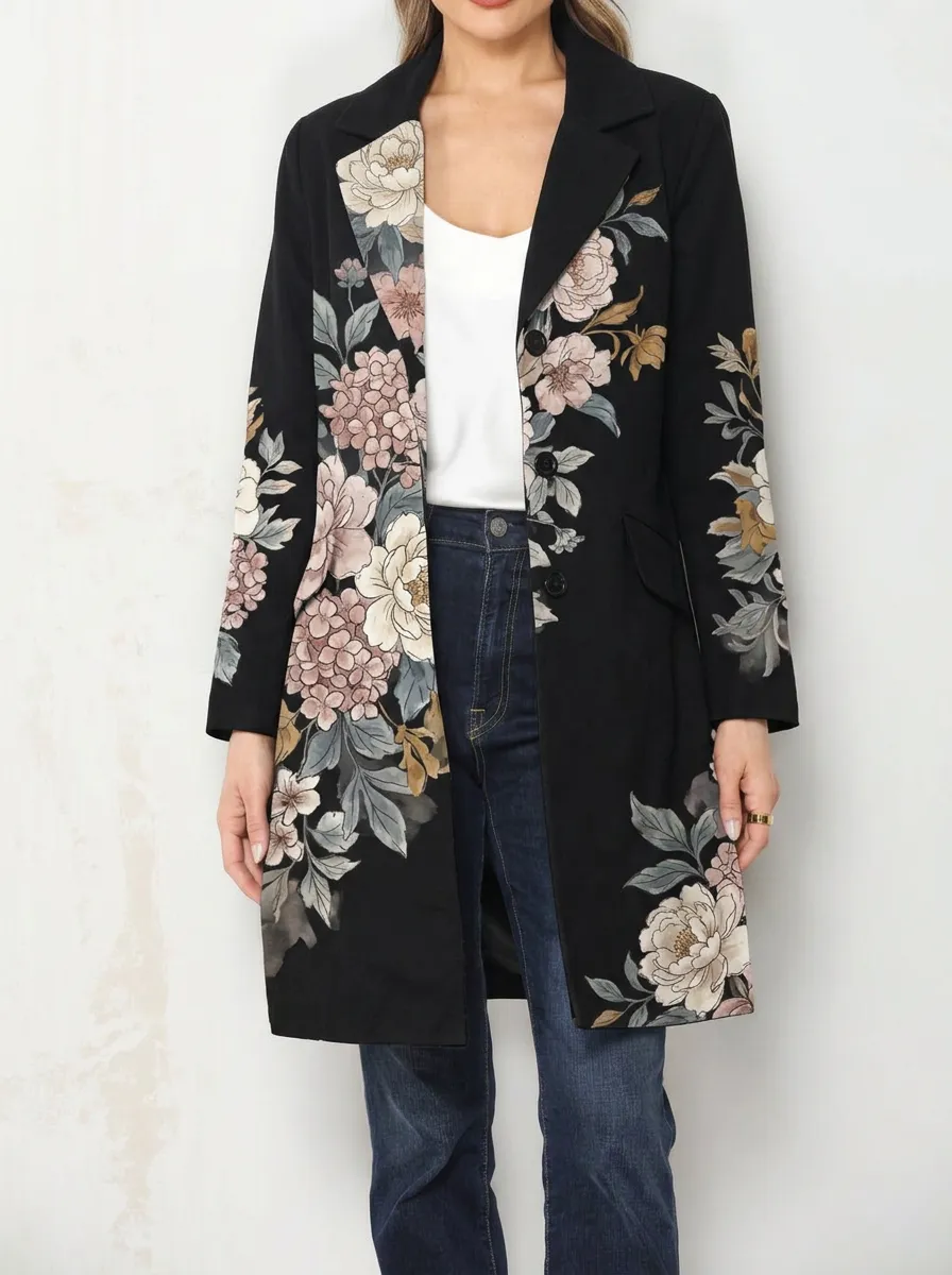 Women's Vintage Floral Botanical Printed Long Blazer Coat