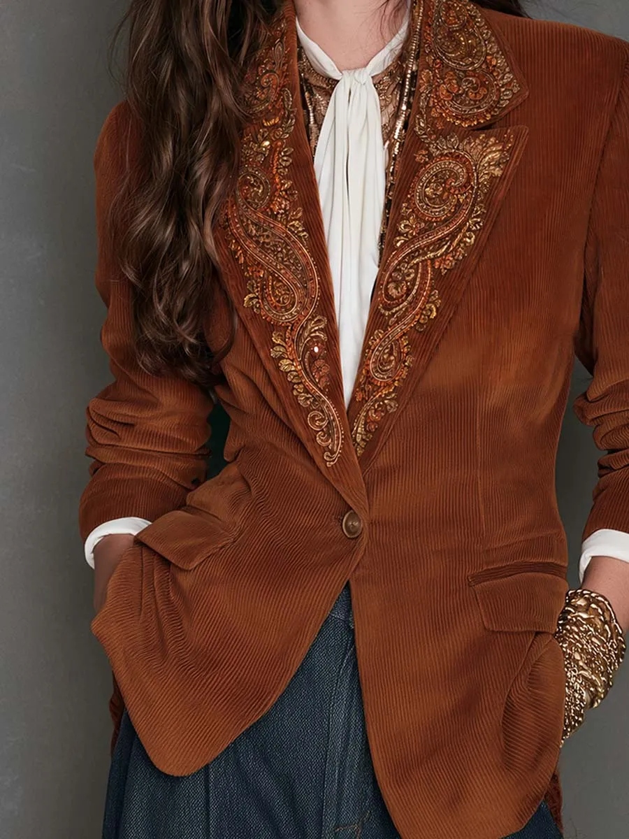 Boho Chic Camel Ornate Sequin Embroidered Lapel Corduroy Blazer
