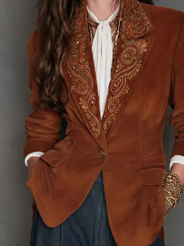 Boho Chic Camel Ornate Sequin Embroidered Lapel Corduroy Blazer