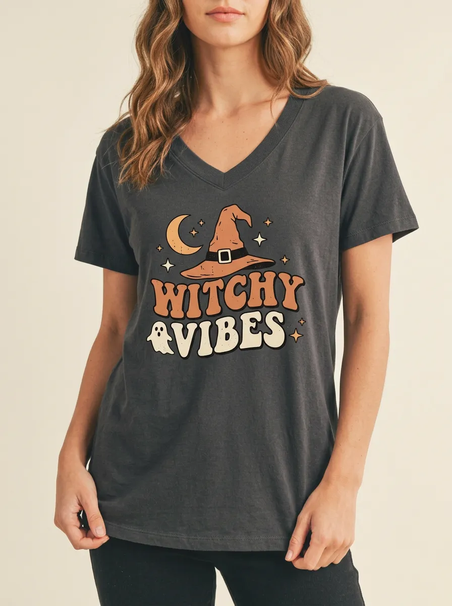 Women's Halloween Witchy Vibes Moon Ghost Hat Printed V-neck T-shirt