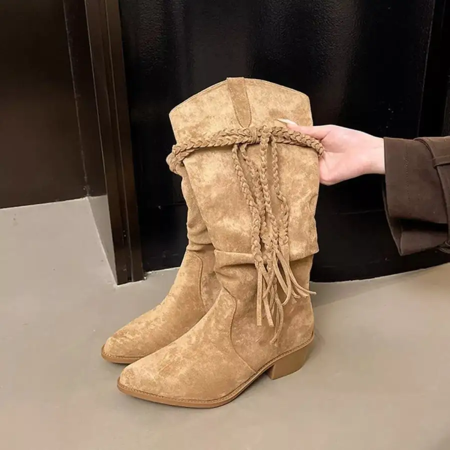 Ruffled Point Toe Block Heels Boots