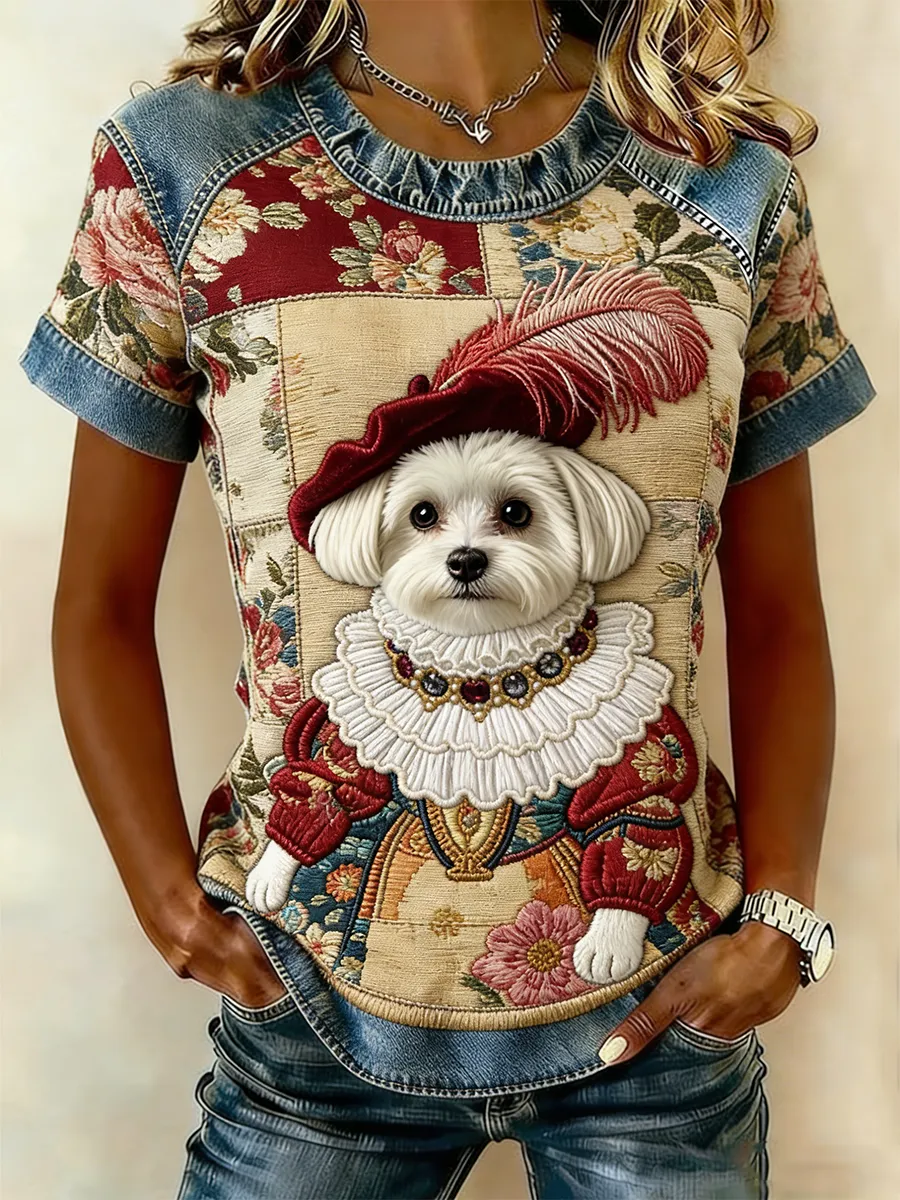 Women's Vintage Royal Maltese Dog Embroidered Patchwork T-Shirt