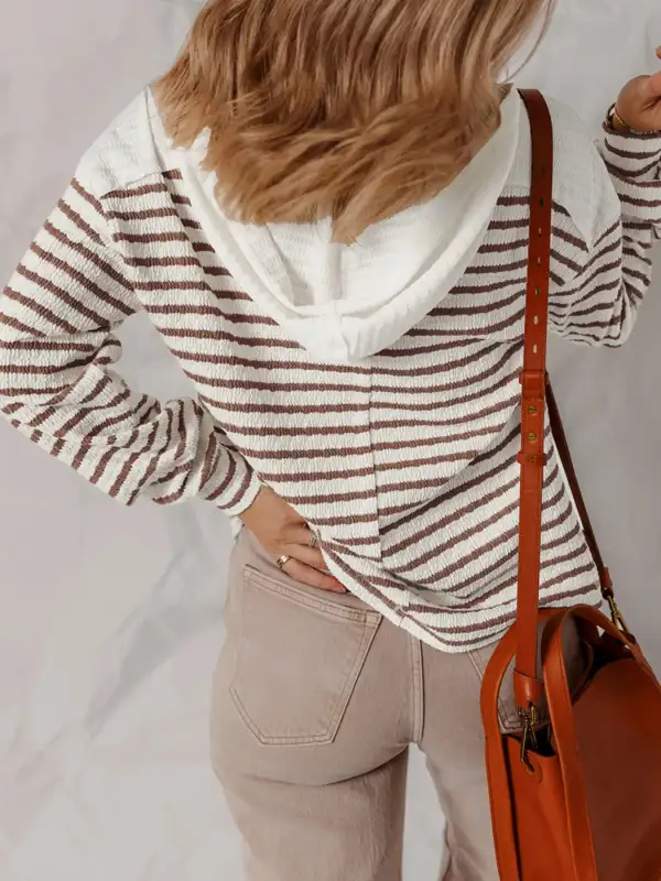 Buttoned Long-Sleeve Knit Striped Hoodie