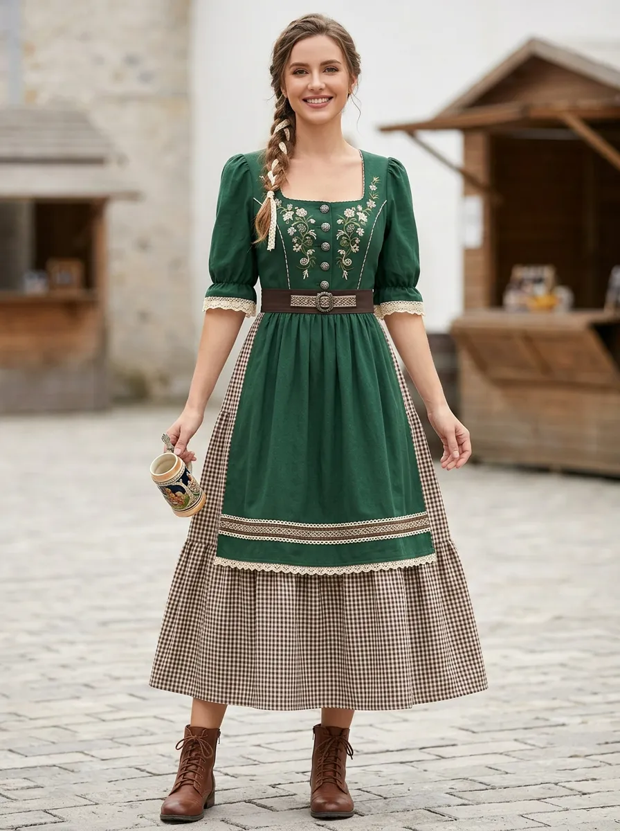 Floral Embroidered Gingham Square Neck Traditional Women's Bavarian Oktoberfest Dirndl Dress