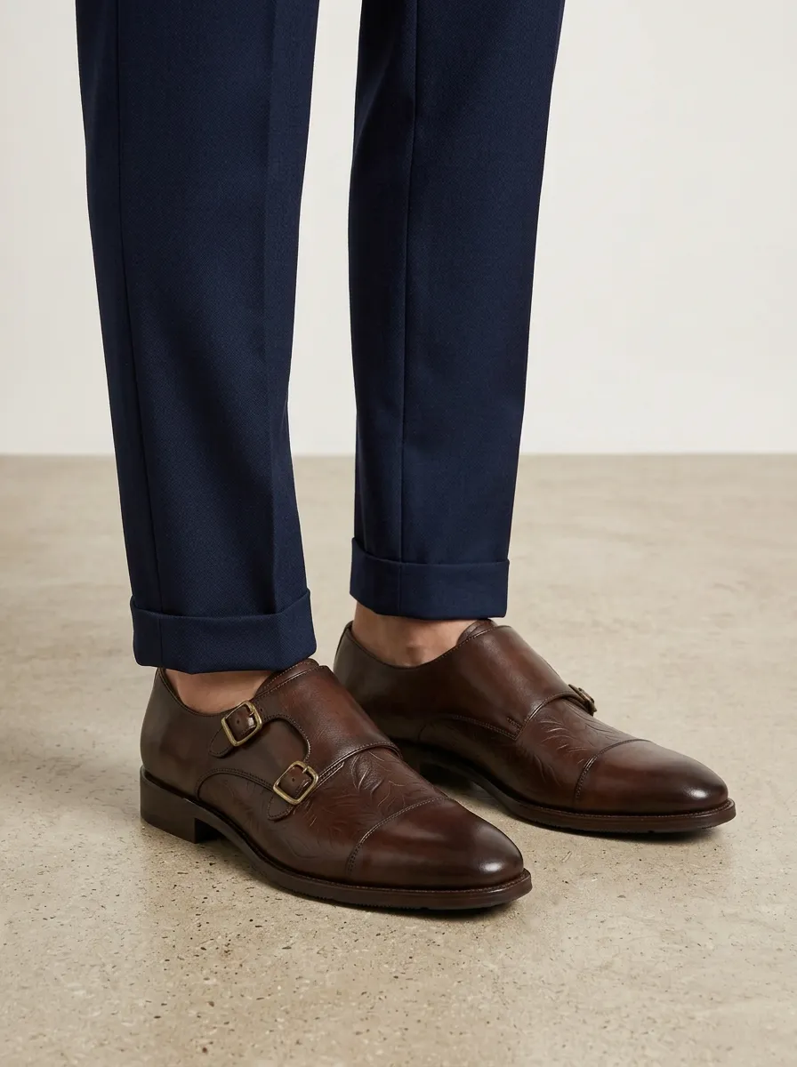 Men's Vintage Floral Embossed Leather Double Monk Strap Shoes