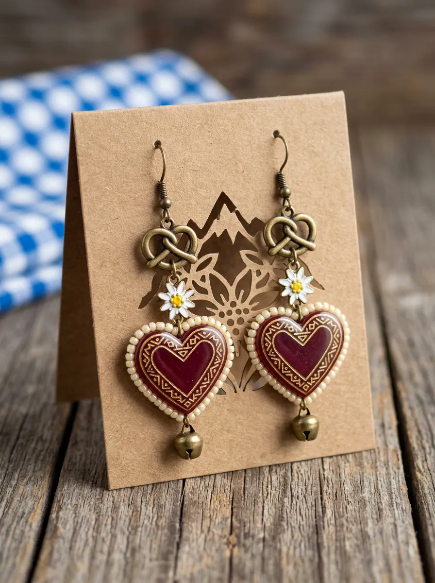 Edelweiss Pretzel Heart Bell Women's Bavarian Oktoberfest Dangle Earrings