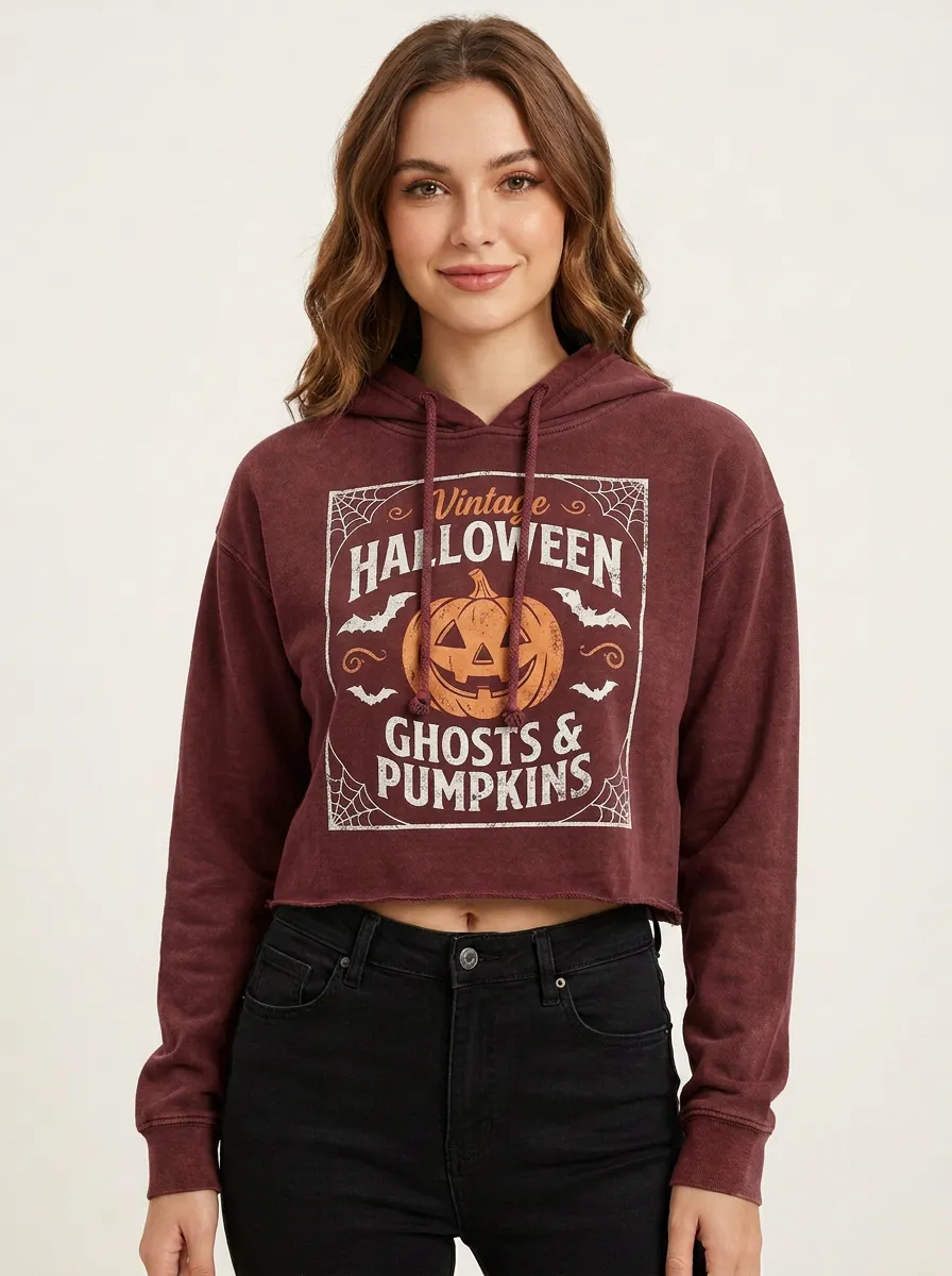 Women's Halloween Vintage Pumpkin Ghost Printed Crop Hoodie