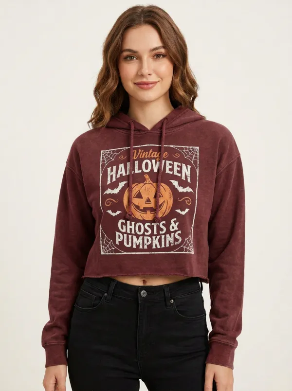 Women's Halloween Vintage Pumpkin Ghost Printed Crop Hoodie