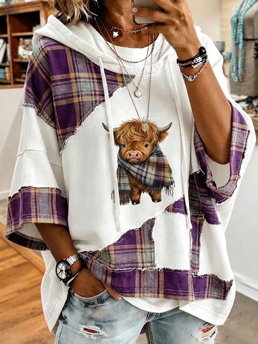 Women'S Retro Western Plaid Animal Casual Hoodie