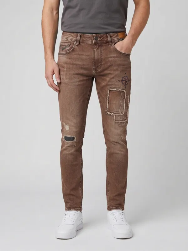 Men's Compass Patchwork Distressed Graphic Slim-Fit Jeans