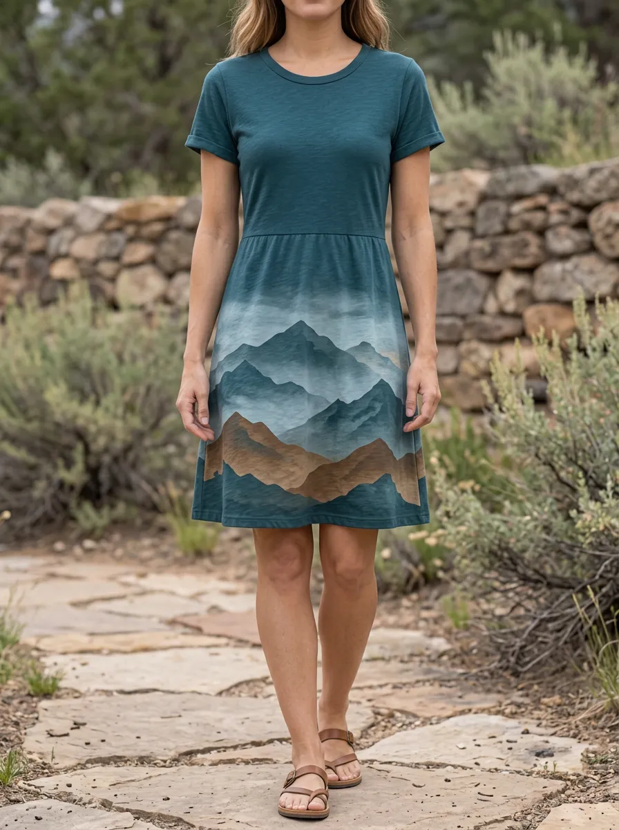 Women's Mountain Landscape Print Crew Neck Dress
