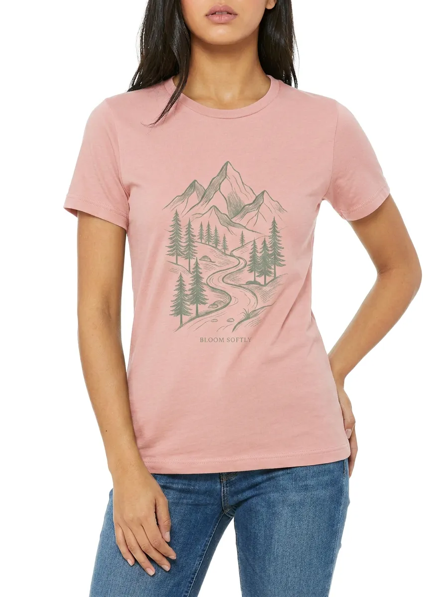 Women's Nature Lover Mountain Forest Bloom Softly Printed T-shirt