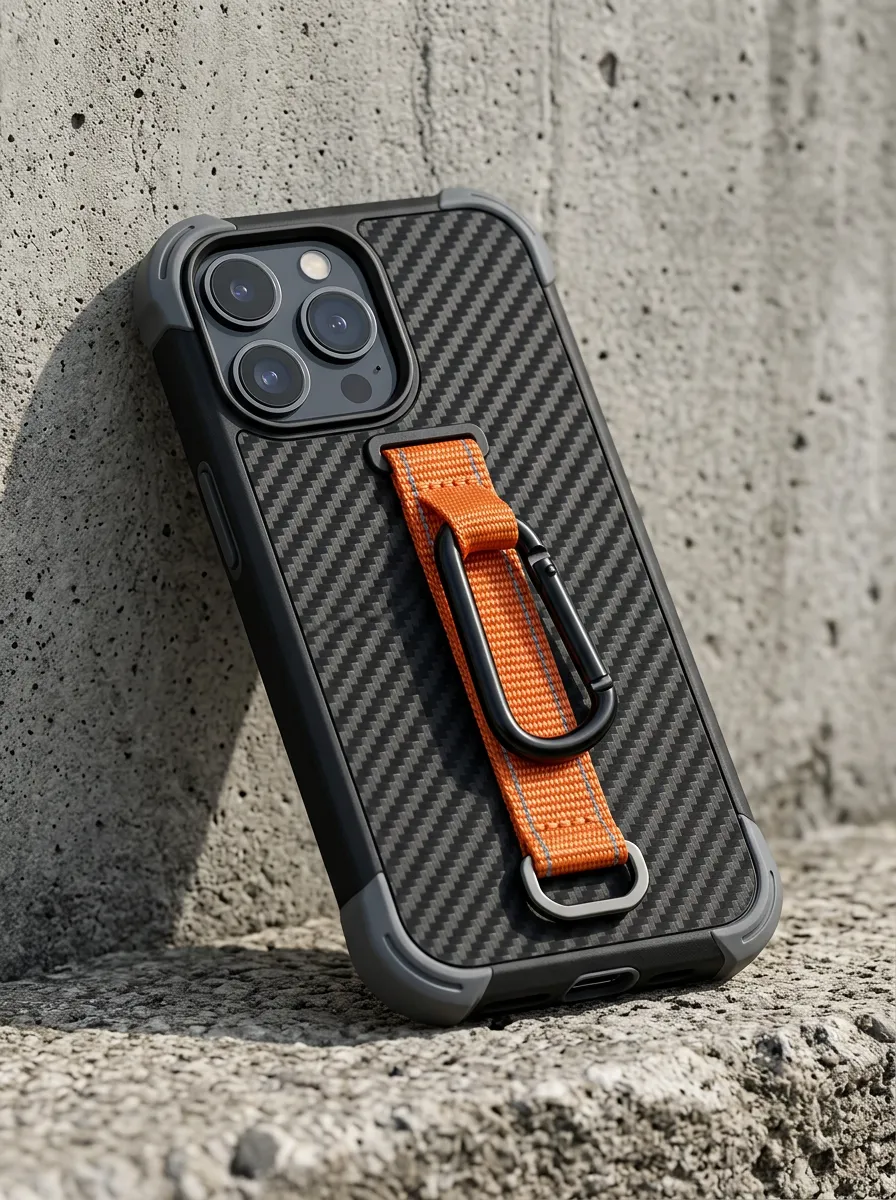 Men's Outdoor Carbon Fiber Texture Orange Strap Carabiner Printed Phone Case