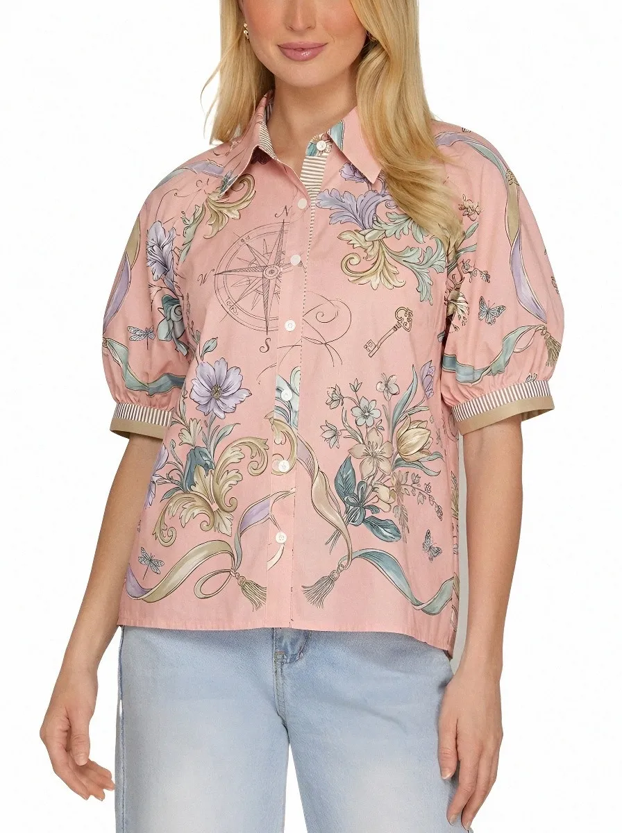 Women's Vintage Compass Floral Key Printed Puff Sleeve Shirt