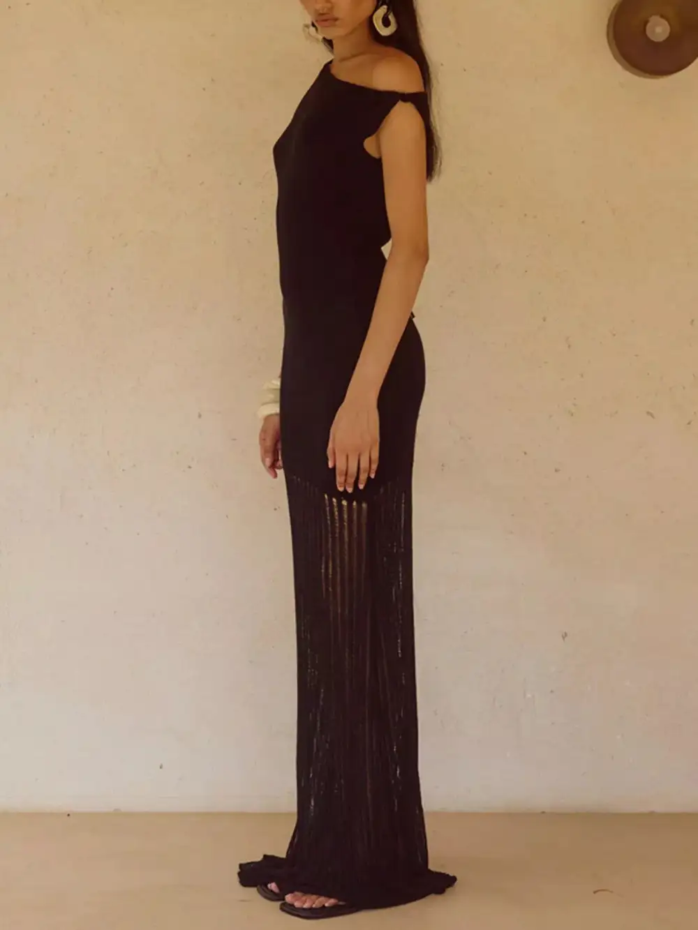 One Shoulder Fringe Maxi Dress