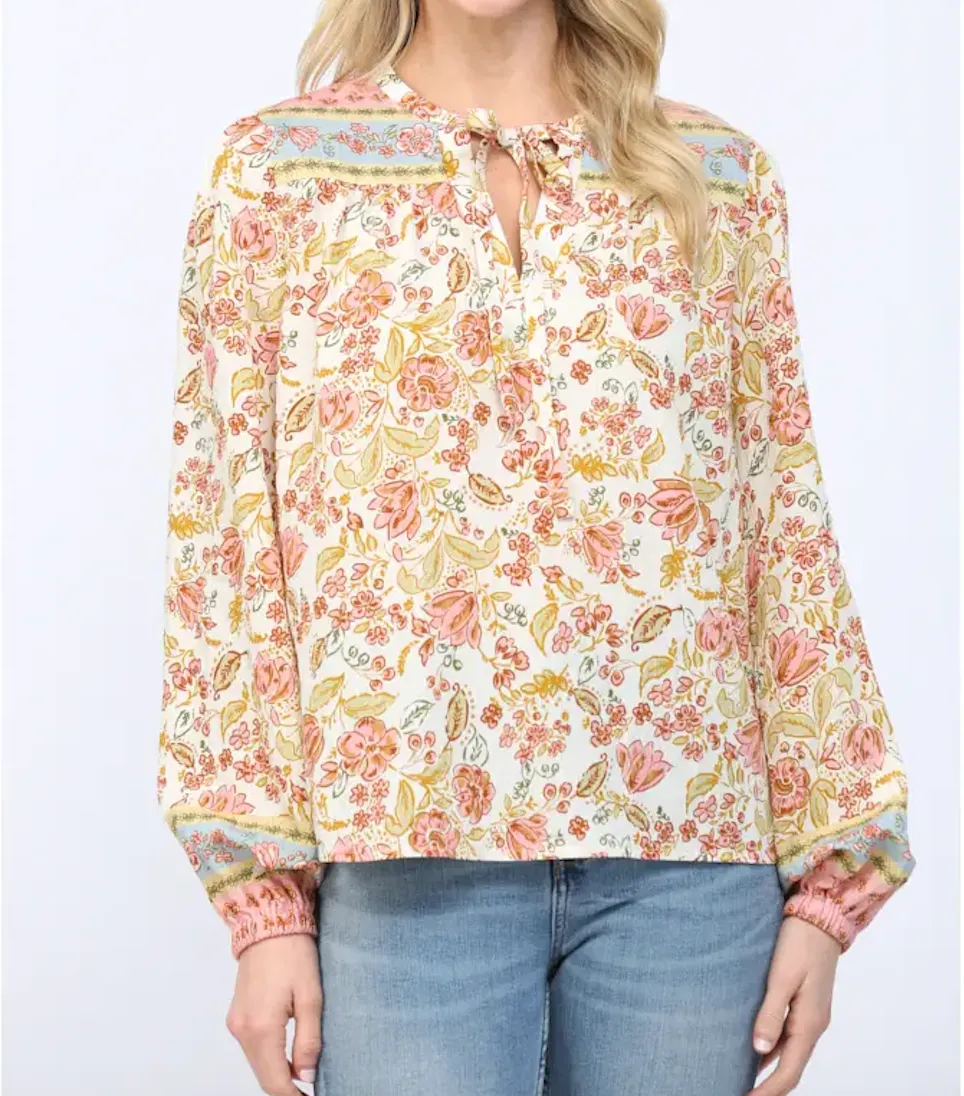 Border Print Peasant Blouse