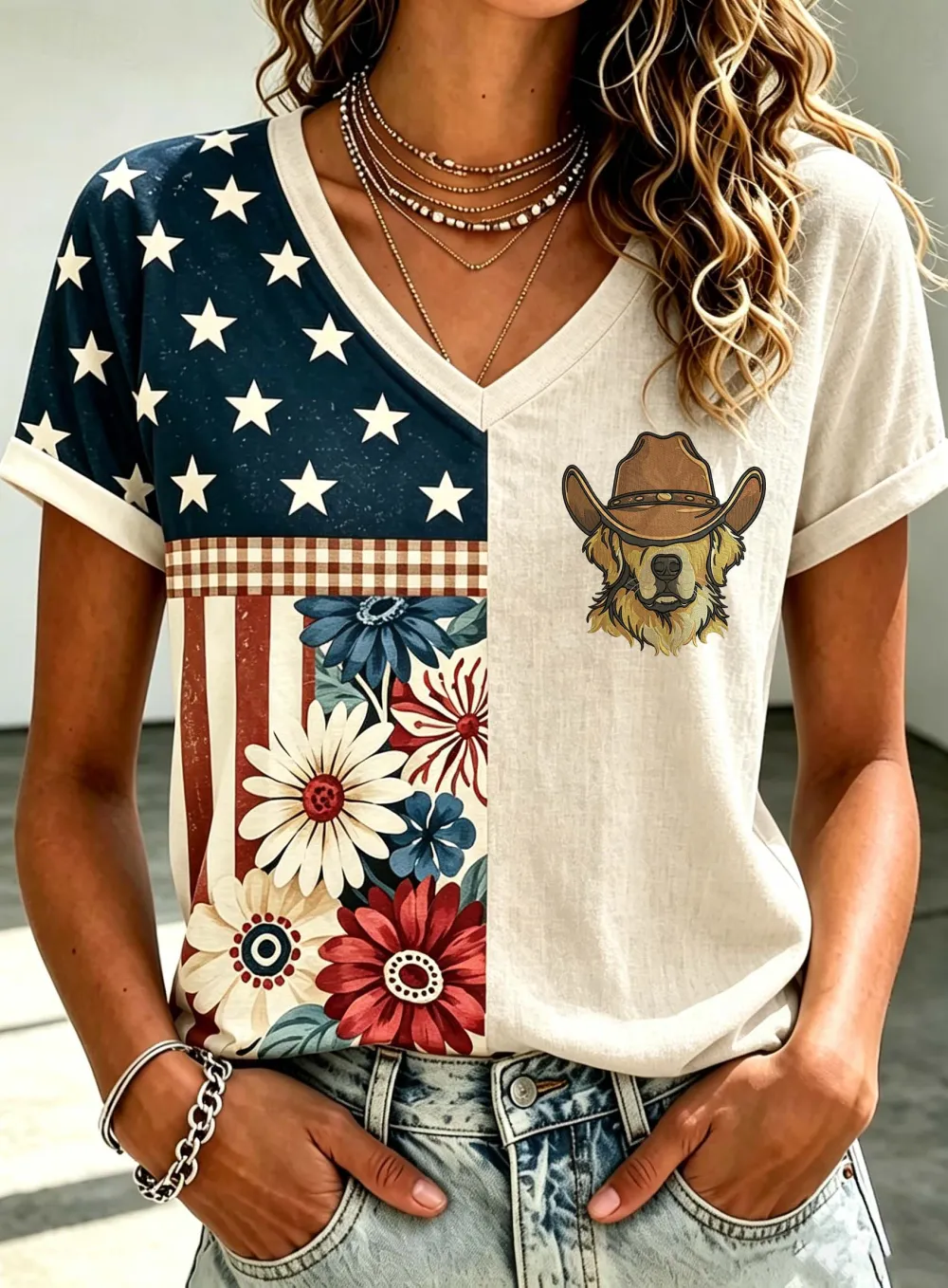 Women'S American Flag Cartoon Dog V-Neck T-Shirt