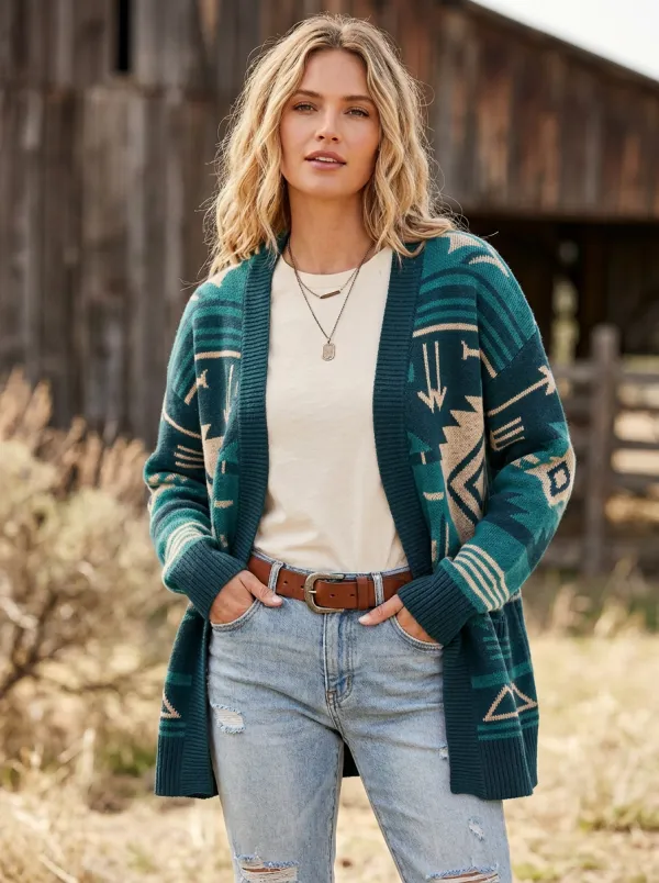 Women's Western Brown Southwestern Pattern Open-Front Cardigan