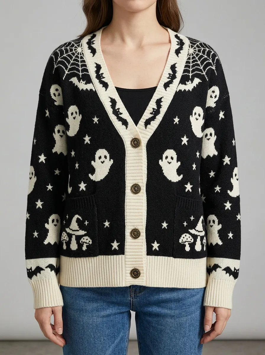 Women's Halloween Ghost Bat Mushroom Pattern Knitted Cardigan
