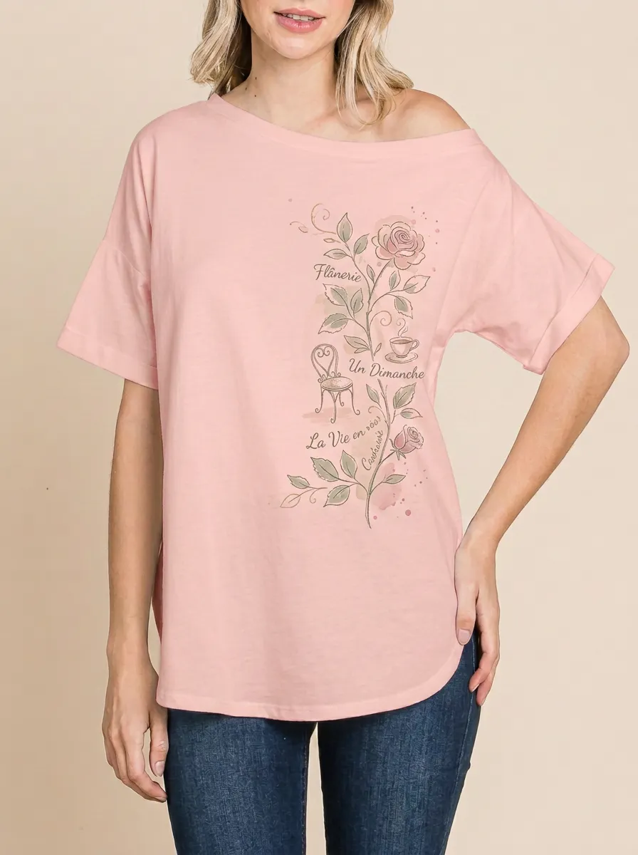 Women's French Floral Rose Coffee Printed T-shirt
