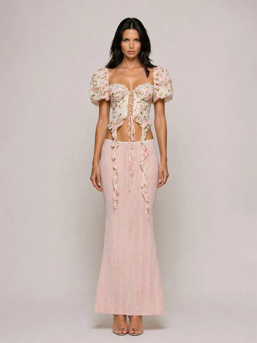 Iliana French-Style Floral Chiffon Top with Square Neckline and Tie Detail