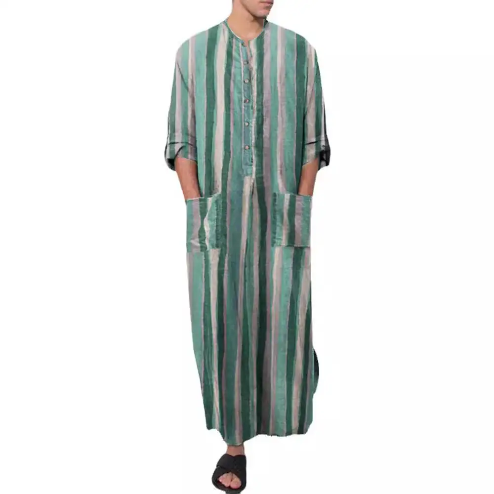 Men's Casual Kaftan Linen Blend With Button Placket And Patch Pockets
