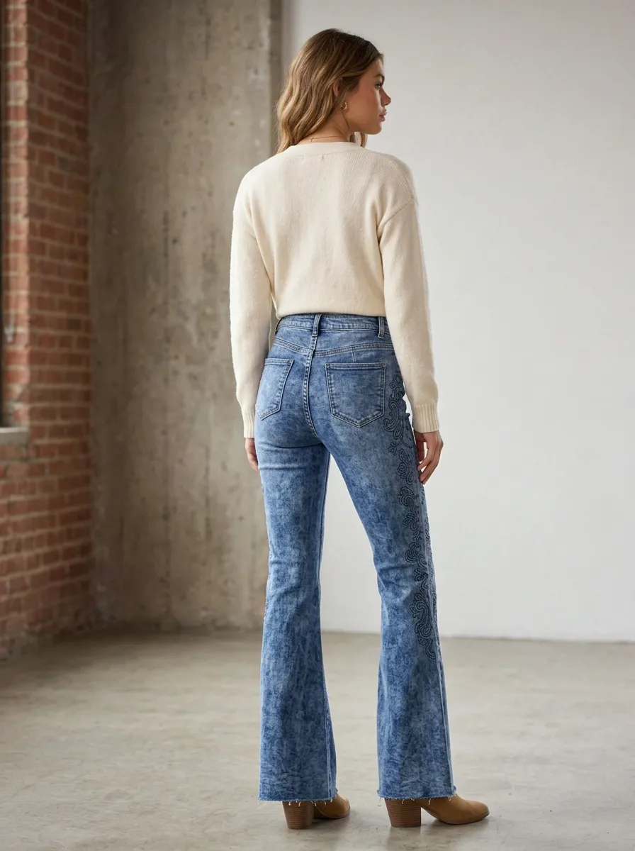Women's Vintage Style Floral Embroidery Printed Flare Jeans