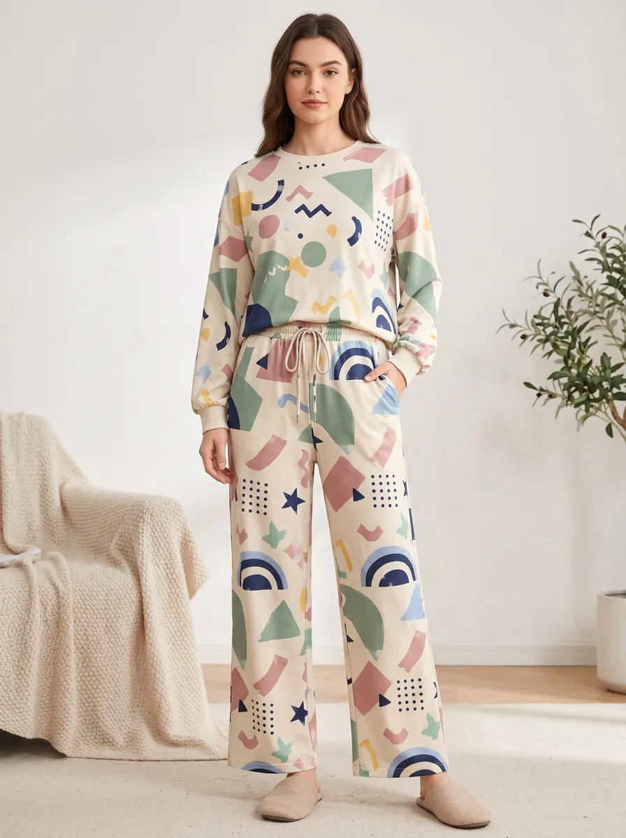 Crew Neck Geometric Wide Leg Lounge Set
