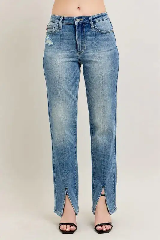 Full Size High Waist Vintage Wash Front Seam & Slit Straight Plus Size