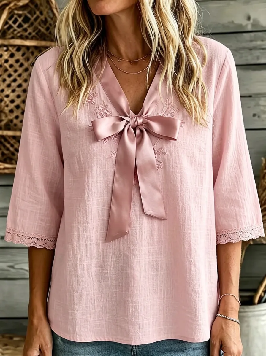 Women's Pink Bowknot Embroidered Lace Trimmed Top