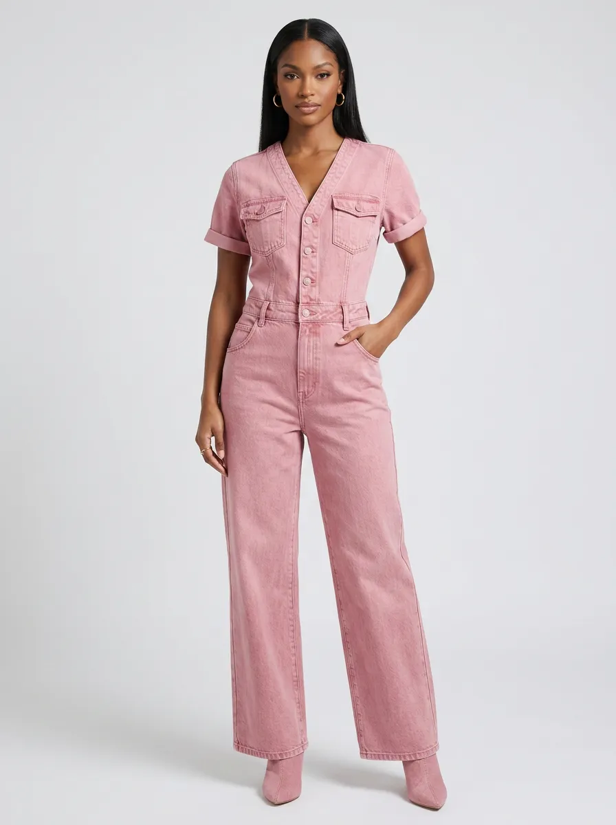 Pink V-Neck Short-Sleeve Button-Front Denim Jumpsuit