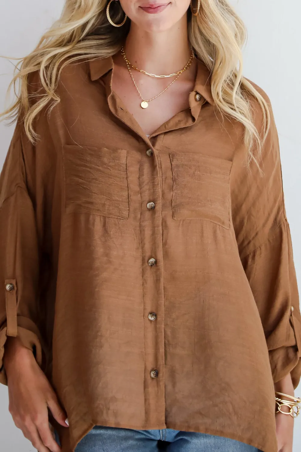 Slight Stretch Button-Up Blouse