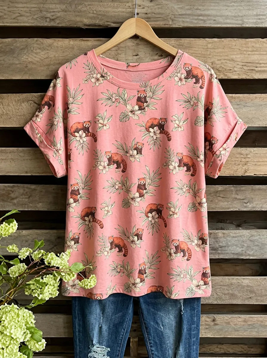 Red Panda Floral Nature Women's Loose Printed T-Shirt