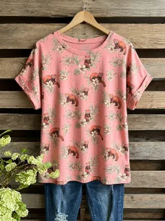 Red Panda Floral Nature Women's Loose Printed T-Shirt