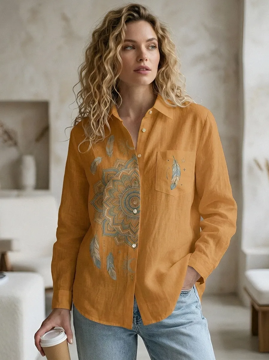 Women's Boho Mandala Feather Printed Button Down Shirt