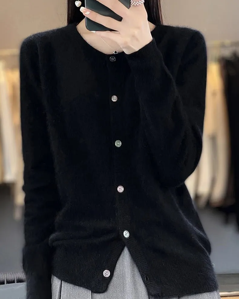 Classic Mink-Cashmere Cashmere Button-Front Crew-Neck Cardigan