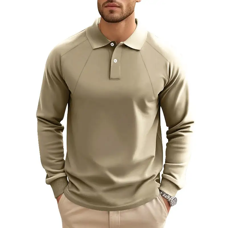 Ribbed Button Placket Raglan Sleeve Polo Shirt