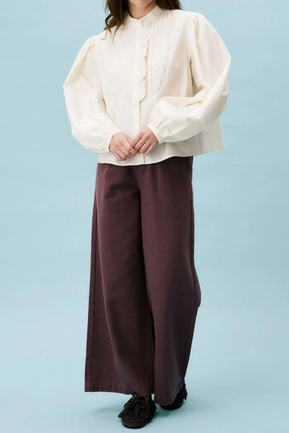 Button Down Collared Ruffle Pleated Shirt