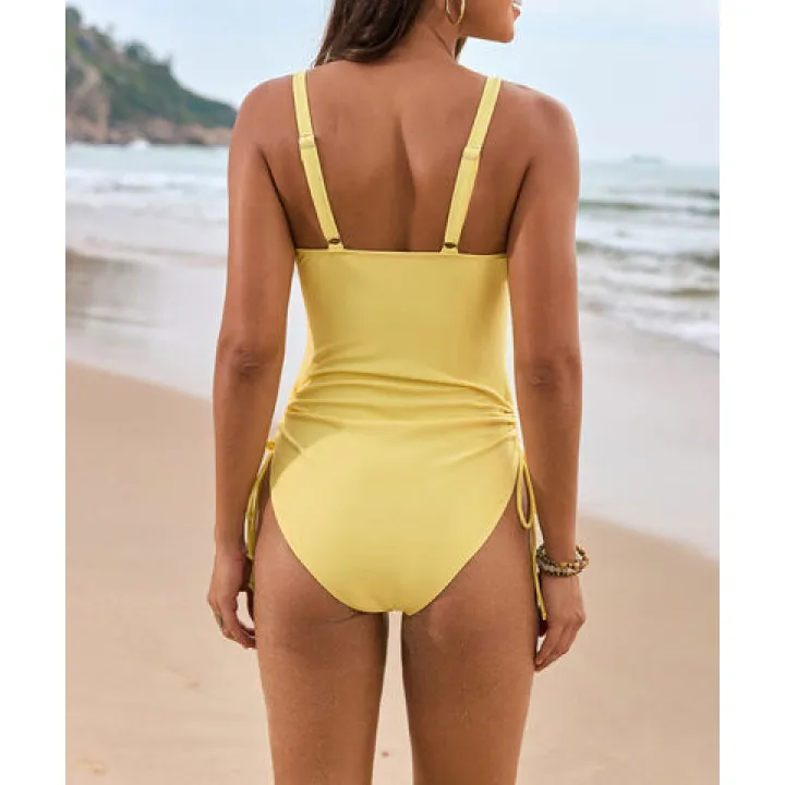Women's Crisscross Ruched V-Neck Drawstring One-Piece Swimsuit