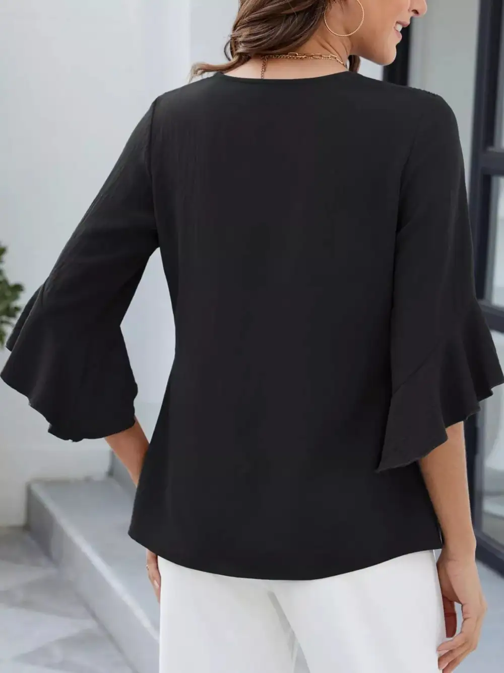 V Neck Ruffle Sleeve Blouse
